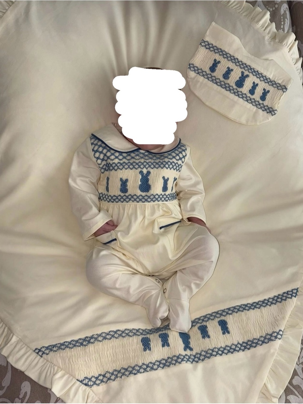 Cream and Blue Bunny Smocked Baby set